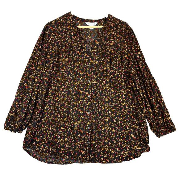 Old Navy Tunic Shirt XXL Dark Floral Gathered Sleeve Button Front Fall Print - Picture 1 of 9